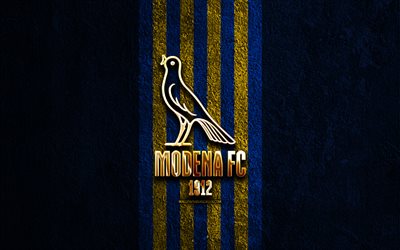 モデナ fc ゴールデン ロゴ, 4k, 青い石の背景, セリエb, イタリアのサッカークラブ, モデナ fc のロゴ, サッカー, モデナ fc のエンブレム, fcモデナ, フットボール, モデナfc