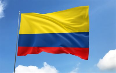 bandiera della colombia sull'asta della bandiera, 4k, paesi sudamericani, cielo blu, bandiera della colombia, bandiere di raso ondulato, bandiera colombiana, simboli nazionali colombiani, pennone con bandiere, giorno della colombia, sud america, colombia