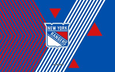 logo des rangers de new york, 4k, équipe américaine de hockey, fond de lignes bleues rouges, rangers de new york, lnh, etats unis, dessin au trait, emblème des rangers de new york, le hockey
