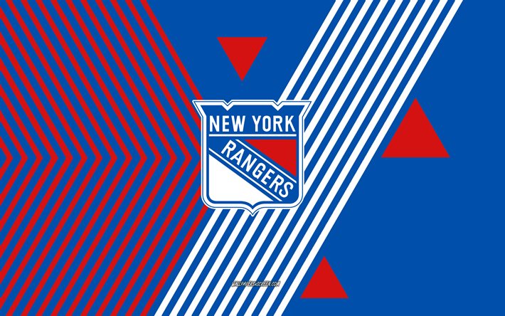 logo dei new york rangers, 4k, squadra di hockey americana, sfondo di linee blu rosse, ranger di new york, nhl, stati uniti d'america, linea artistica, stemma dei new york rangers, hockey