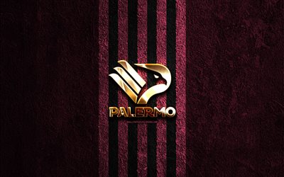 palermo fc kultainen logo, 4k, violetti kivi tausta, serie b, italian jalkapalloseura, palermo fc logo, jalkapallo, palermo fc  tunnus, palermo calcio, palermo fc
