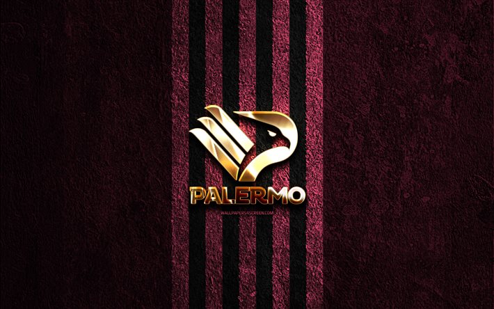 パレルモ fc ゴールデン ロゴ, 4k, 紫色の石の背景, セリエb, イタリアのサッカークラブ, パレルモ fc のロゴ, サッカー, パレルモ fc のエンブレム, パレルモ・カルチョ, フットボール, パレルモfc