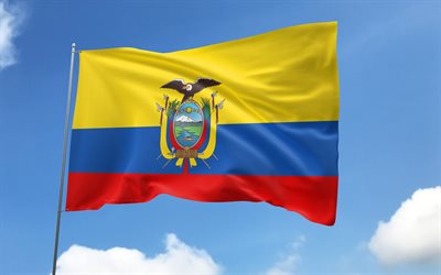 Ecuador flag on flagpole, 4K, South American countries, blue sky, flag of Ecuador, wavy satin flags, Ecuadorian flag, Ecuadorian national symbols, flagpole with flags, Day of Ecuador, South America, Ecuador flag, Ecuador