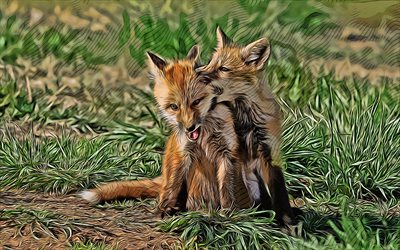 little foxes, 4k, vector art, wildlife, wild animals, fox drawings, foxes, animal drawings