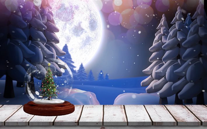 4k, árvore de natal em frasco, lua, árvores de natal 3d, montes de neve, decorações de natal, arvore de natal, feliz ano novo, árvores de natal, inverno