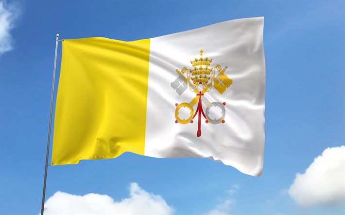 깃대에 바티칸 시국 깃발, 4k, 유럽 ​​국가, 파란 하늘, 바티칸 시국의 국기, 물결 모양의 새틴 플래그, 바티칸 국기, 바티칸 국가 상징, 깃발이 달린 깃대, 바티칸의 날, 유럽, 바티칸 시국