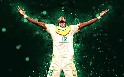 اسماعيلا سار, 4k, أضواء النيون الخضراء, منتخب السنغال لكرة القدم, كرة القدم, لاعبي كرة القدم, الأزرق، جرد، الخلفية, فريق كرة القدم السنغالي, إسماعيلا سار 4k