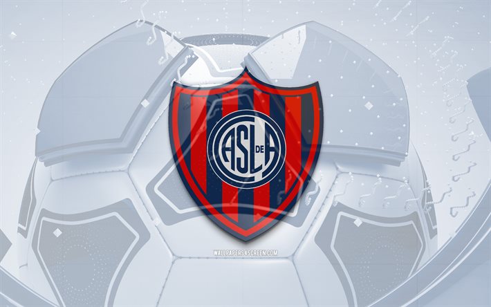 San Lorenzo de Almagro glossy logo, 4K, blue football background, Liga Profesional, soccer, argentine football club, San Lorenzo de Almagro logo, San Lorenzo de Almagro emblem, San Lorenzo FC, football, sports logo, San Lorenzo de Almagro