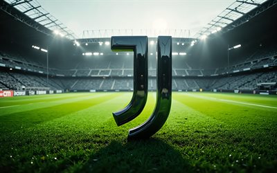 logo 3d della juve, 4k, stadio di calcio dall'interno, stemma della juve, logo della juventus fc, juve, serie a, italia, calcio, juve fc, lo stemma della juve, firma della juve