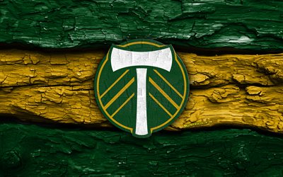 logo en bois des timbers de portland, 4k, fond en bois jaune vert, mls, football, logo des timbers de portland, emblème des timbers de portland, bois de portland, club de football américain, portland timbersfc