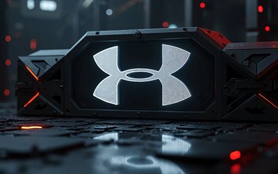 logotipo brilhante under armour, 4k, bokeh, fundo 3d preto, obra de arte, logotipo 3d da under armour, arte geométrica, logotipo da under armour, marcas de moda, sob armadura