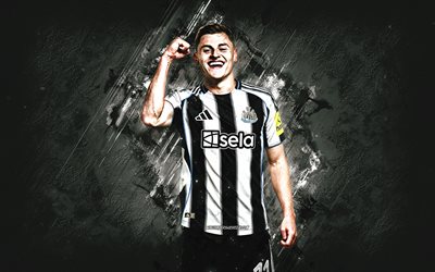 Harvey Barnes, Newcastle United FC, English footballer, white stone background, grunge art, Premier League, England, football, Harvey Barnes Newcastle United
