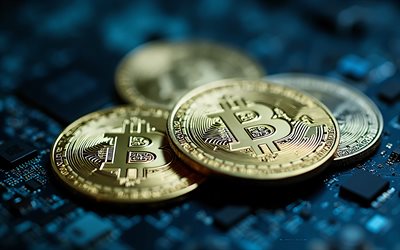 Bitcoins, 4k, blue technology background, mountain of bitcoins, cryptocurrency, Bitcoin sign, Bitcoin gold coin, Bitcoin emblem, Bitcoin logo, Bitcoin