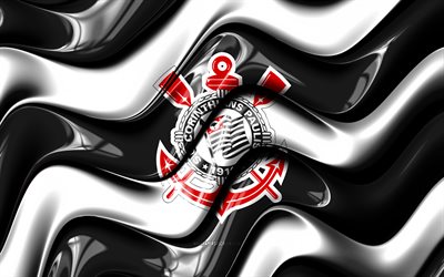 Corinthians 3D logo, 4k, black white 3D waves, Brazilian Serie A, football, Corinthians flag, creative, Corinthians logo, Corinthians, Brazilian football club, SC Corinthians Paulista, soccer, Corinthians FC
