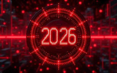 4k, 2026 dígitos de neón rojo, creativo, oscuridad, 2026 conceptos, esfera electrónica roja, 2026 dígitos 3d, inscripción 2026, 2026 año nuevo, 2026 arte, 2026 dígitos rojos