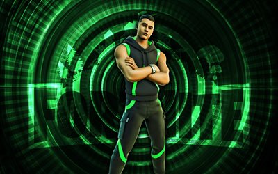 reverb fortnite, 4k, grüner spiralförmiger hintergrund, fortnite, kreativ, reverb haut, fortnite reverb skin, hall, fortnite charaktere