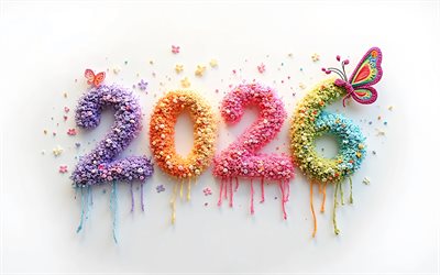 Colorful 2026 3D numbers, 4k, 2026 Happy New Year, white background, Happy New Year 2026, butterfly, 2026 concepts, 2026 greeting card