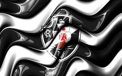 vasco da gama 3d logo, 4k, schwarz weiße 3d wellen, brasilianische serie a, fußball, vasco da gama flagge, kreativ, vasco da gama logo, brasilianischer fußballverein, vasco da gama fc