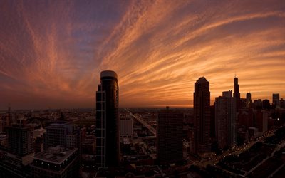 puesta de sol, rascacielos, casa de Chicago, estados UNIDOS, América