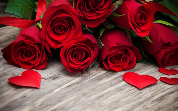 rosas vermelhas, 4k, buquê, coração