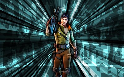 4k, hiro, fondo de rayos azules, piel de hiro, hiro fortnite, arte abstracto, piel fortnite hiro, personajes fortnite, fortnite, arte creativo