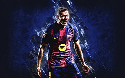robert lewandowski, fc barcelona, blå sten bakgrund, lewandowski, polsk fotbollsspelare, katalonien, grunge konst, la liga, spanien, fotboll, robert lewandowski barcelona