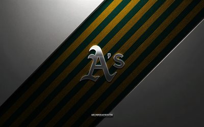 atletizm logosu, 4k, çelik arka plan, amerikan beyzbol kulübü, yeşil sarı çizgiler, atletizm amblemi, mlb, beyzbol, atletizm, amerika, atletizm metal logosu, atletizm arması