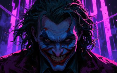 4k, bromista, sonrisa, resplandor violeta, oscuridad, supervillano, fan art, comodín 4k, obra de arte, arte del comodín