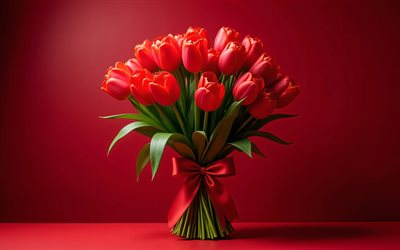 زهور التوليب الحمراء, 4k, تقليلية, زهور الربيع, خلفية حمراء, باقة من زهور التوليب, زهور جميلة, القوس الأحمر, ربيع, الخلفية مع زهور التوليب, زهور حمراء, زهور التوليب