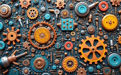 기계적인 3d 배경, 스프링, 나사, 볼트, 기어, 기계적 패턴, 메커니즘