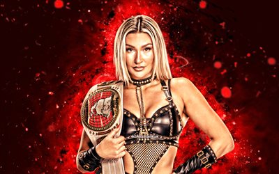 Izzy Dame, 4k, red neon lights, WWE, creative, american wrestler, Franki Carissa Strefling, Izzy Dame with belt, NXT, red abstract background, World Wrestling Entertainment, wrestlers, Izzy Dame 4K