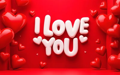 ich liebe dich, 4k, rote 3d herzen, weiße 3d buchstaben, roter hintergrund, grüße zum valentinstag, 14 februar, liebeskonzepte, 3d herzen, minimalismus, aufschrift „ich liebe dich“