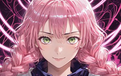 Mitsuri Kanroji, 4k, pink neon rays, Demon Slayer, purple abstract background, protagonist, pink hair, Demon Slayer Kimetsu no Yaiba, manga, Kanroji Mitsuri, Demon Hunter, Mitsuri Kanroji Kimetsu no Yaiba