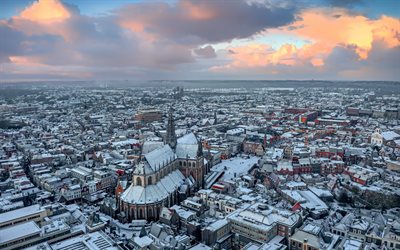 हार्लेम, सर्दी, बर्फ, ग्रोट केर्क, हार्लेम पैनोरमा, ऊपर से हार्लेम का दृश्य, सेंट बावो ग्रोट केर्क का चर्च, हार्लेम शहर का दृश्य, उत्तर हॉलैंड, उत्तरी हॉलैंड प्रांत की राजधानी