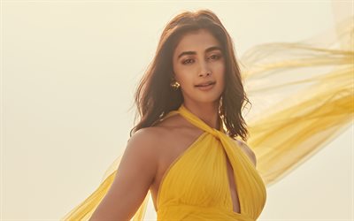 4k, pooja hegde, vestido amarillo, celebridad india, bollywood, actriz popular, estrellas de cine, foto con pooja hegde, mujer morena, actriz india, sesión de fotos de pooja hegde