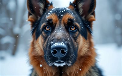 pastor alemão, 4k, fechar se, inverno, bokeh, floresta, cães, focinho, animais fofos, animais de estimação, cachorro na floresta, cão pastor alemão