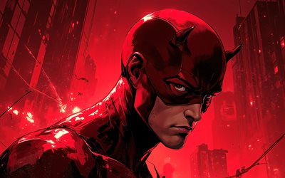 huimapäinen, 4k, punainen yömaisema, supersankareita, marvel sarjakuvat, taideteos, rohkea taide, fanitaidetta, daredevil 4k