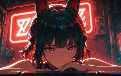 Hoshimi Miyabi, 4k, red neon lights, Zenless Zone Zero, darkness, manga, Zenless Zone Zero charcaters, Icon Frost Frost, Icon Anomaly Anomaly, Hoshimi Miyabi Zenless Zone Zero