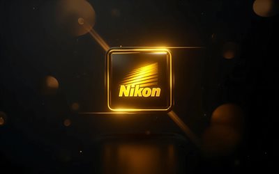 logo lumineux nikon, 4k, minimalisme, obscurité, marques d'électronique, oeuvre d'art, logo nikon, bokeh, logo néon jaune nikon, logo des marques, logo néon nikon, nikon, marques, logo jaune nikon