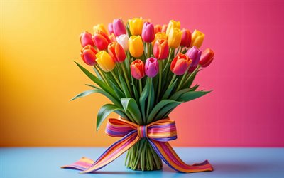 bunte tulpen, 4k, minimalismus, frühlingsblumen, bunter hintergrund, strauß tulpen, wunderschöne blumen, bunter bogen, frühling, hintergrund mit tulpen, bunte blumen, tulpen