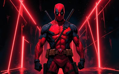 4k, dead pool, rayos de neón rojos, arte grunge, oscuridad, cómics marvel, retrato, superhéroes, obra de arte, arte de deadpool, creativo, consorcio inactivo 4k