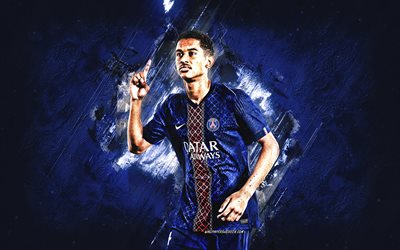 Senny Mayulu, PSG, French footballer, blue stone background, grunge art, Paris Saint-Germain, Ligue 1, Senny Mayulu Paris Saint-Germain, France, football, Senny Mayulu PSG