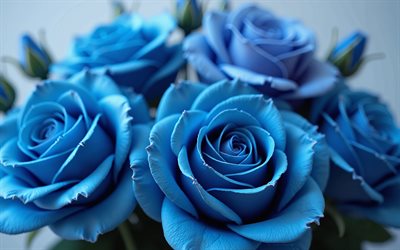 blaue rosenknospen, 4k, strauß blauer rosen, hintergrund mit blauen rosen, blaue rosen, romantischer blumenstrauß, rosen