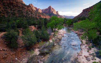fiume, canyon, USA, rocce, montagne, tramonto, ruscello di montagna