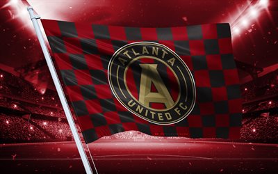4k, Atlanta United FC logo, American football club, stadium flag, Atlanta United FC fans flag, red black flag, Atlanta United FC emblem, MLS, USA, Atlanta United, soccer, football, Atlanta United FC