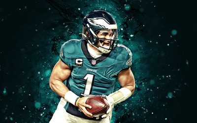 jalen이 아파요, 4k, 청록색 네온 조명, 필라델피아 이글스, nfl, 미국, 미식 축구 선수, 미식 축구, jalen은 4k를 아프게합니다, 내셔널 풋볼 리그, jalen은 philadelphia eagles를 아프게합니다