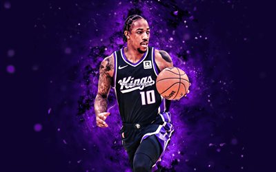 demar derozan, 4k, menekşe neon ışıkları, sacramento kralları, nba, amerikalı basketbolcular, demar derozan 4k, basketbol, ulusal basketbol birliği, demar derozan sacramento kralları