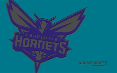 logotipo de charlotte hornets, 4k, fondo turquesa, arte de carbono, emblema de charlotte hornets, american basketball club, nba, eeuu, charlotte hornets, baloncesto