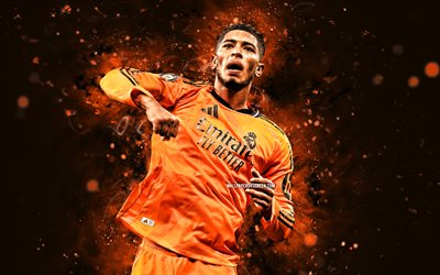 Jude Bellingham, 4k, orange neon lights, Real Madrid FC, La Liga, English footballers, Jude Bellingham 4k, football, soccer, Jude Bellingham Real Madrid, LaLiga, Real Madrid CF