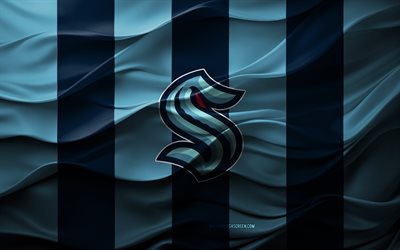 4k, seattle kraken logosu, mavi 3d arka plan, seattle kraken amblemi, amerikan hokey takımı, seattle kraken bayrağı, 3d doku, nhl, amerika, seattle kraken, hokey